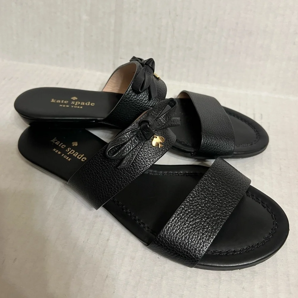 Kate Spade Leather Sandals Tulia Bow Slides Strappy Slip On Charm
